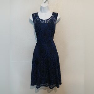 Midnight Navy & Black Floral Lace Overlay Swing Fit & Flare Midi Dress